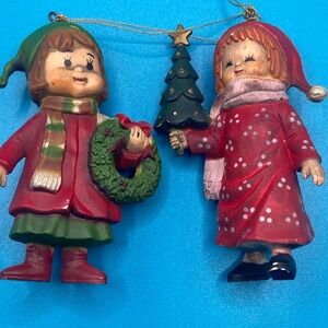 Pair of Vintage 1985 Bradford Novelty "Deck the Halls" Girls Christmas Ornaments